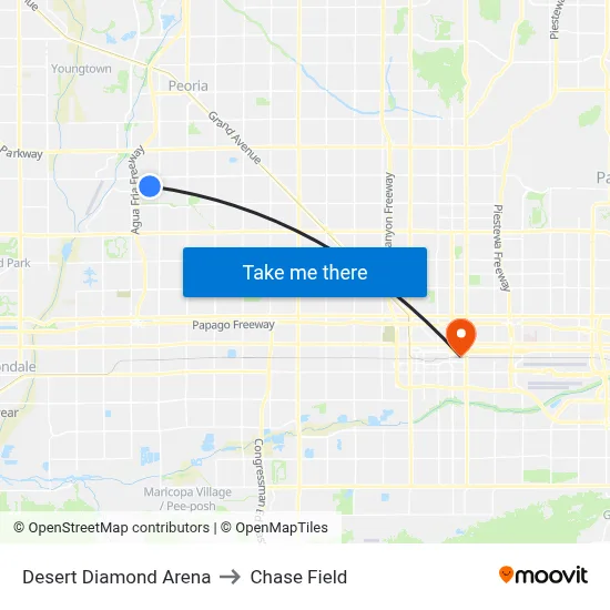 Desert Diamond Arena to Chase Field map