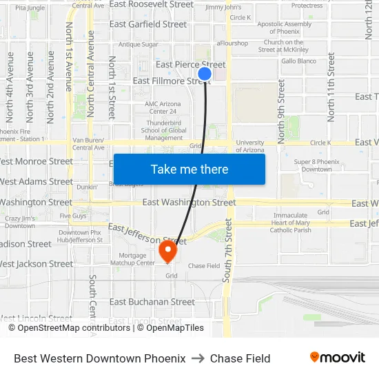 Best Western Downtown Phoenix to Chase Field map