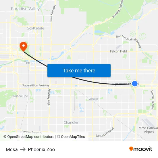 Mesa to Phoenix Zoo map