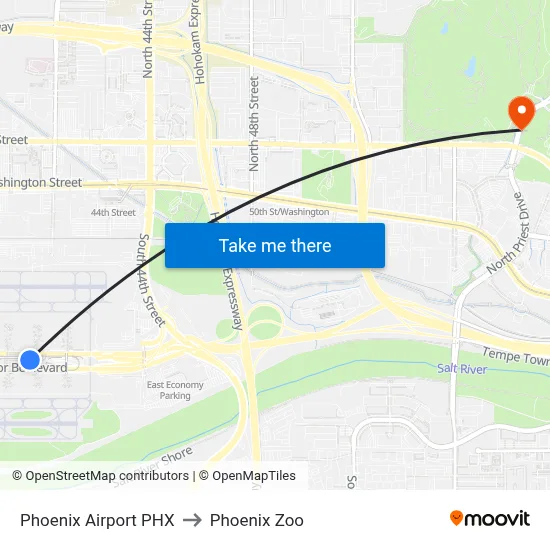 Phoenix Airport PHX to Phoenix Zoo map
