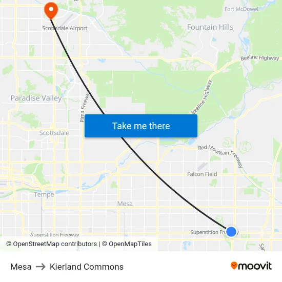 Mesa to Kierland Commons map