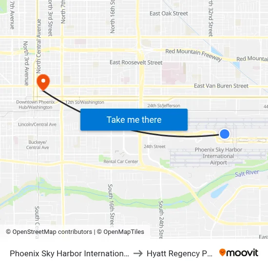 Phoenix Sky Harbor International Airport to Hyatt Regency Phoenix map