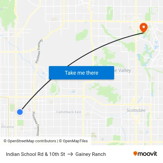 Indian School Rd & 10th St to Gainey Ranch map