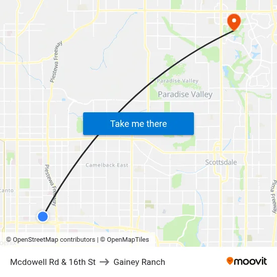 Mcdowell Rd & 16th St to Gainey Ranch map