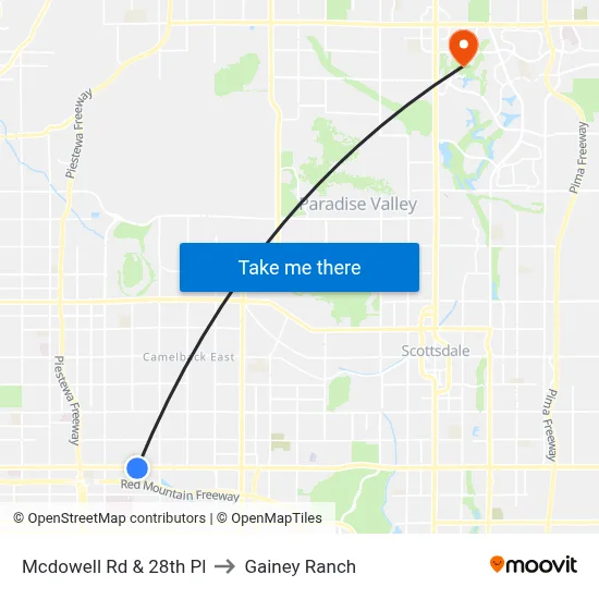 Mcdowell Rd & 28th Pl to Gainey Ranch map