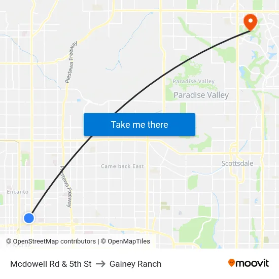 Mcdowell Rd & 5th St to Gainey Ranch map
