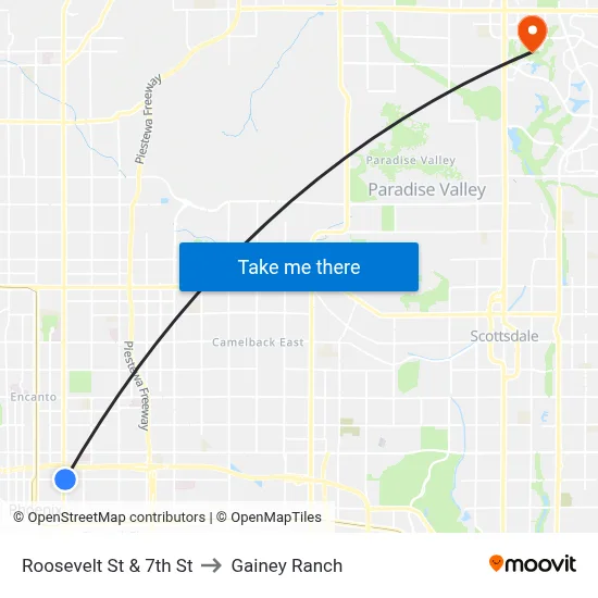 Roosevelt St & 7th St to Gainey Ranch map