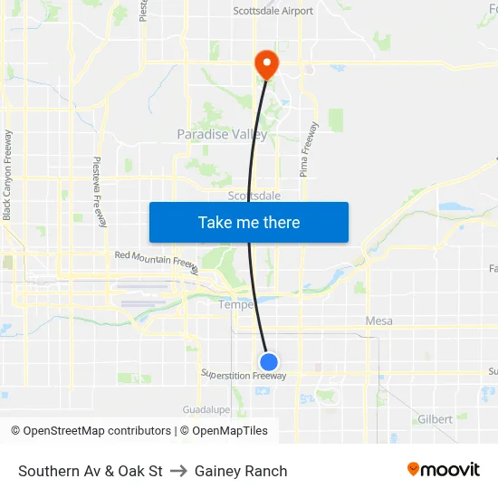 Southern Av & Oak St to Gainey Ranch map