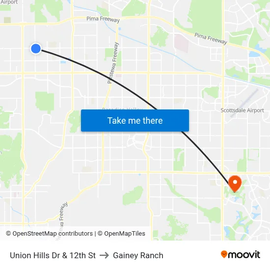 Union Hills Dr & 12th St to Gainey Ranch map