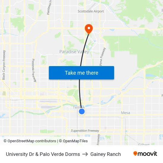 University Dr & Palo Verde Dorms to Gainey Ranch map