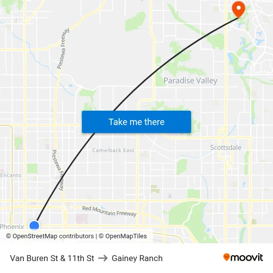 Van Buren St & 11th St to Gainey Ranch map