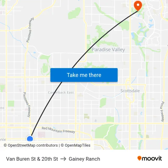 Van Buren St & 20th St to Gainey Ranch map