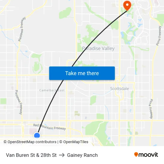 Van Buren St & 28th St to Gainey Ranch map