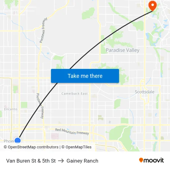 Van Buren St & 5th St to Gainey Ranch map