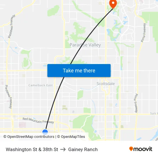 Washington St & 38th St to Gainey Ranch map