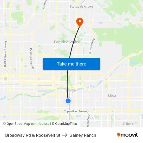 Broadway Rd & Roosevelt St to Gainey Ranch map