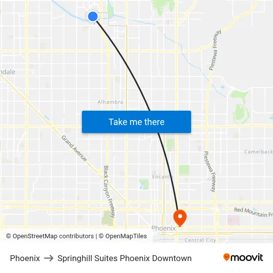 Phoenix to Springhill Suites Phoenix Downtown map