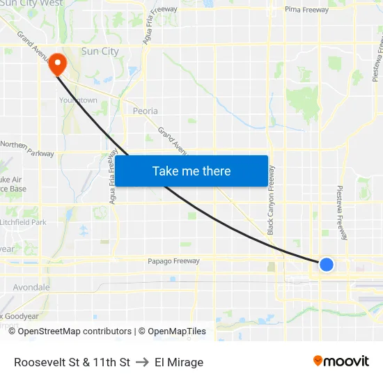 Roosevelt St & 11th St to El Mirage map