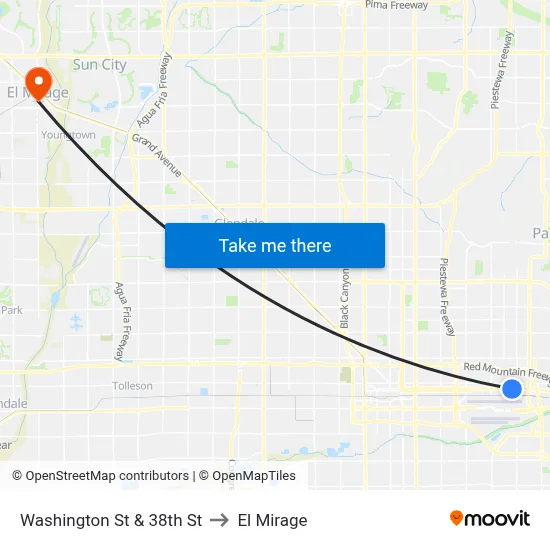 Washington St & 38th St to El Mirage map
