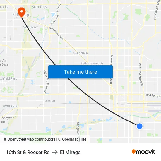 16th St & Roeser Rd to El Mirage map