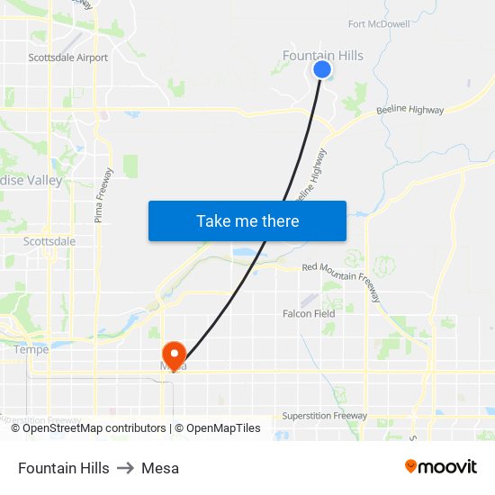 Fountain Hills to Mesa map