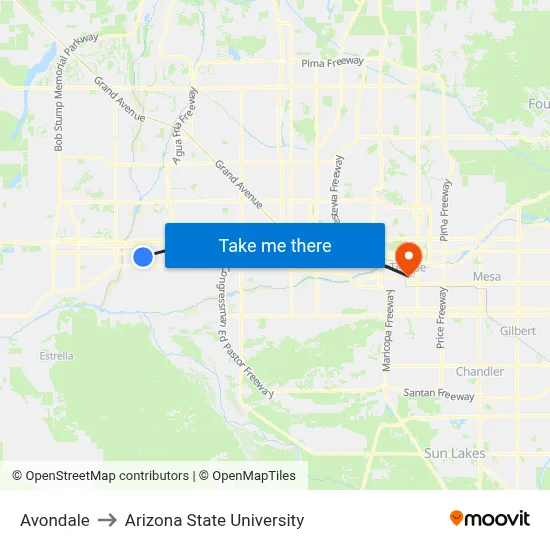 Avondale to Arizona State University map