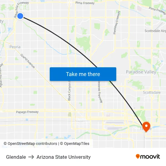 Glendale to Arizona State University map