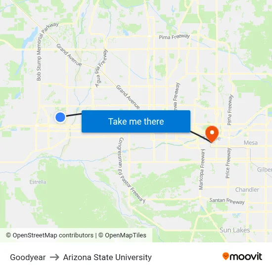 Goodyear to Arizona State University map