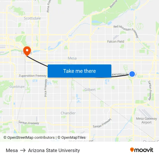 Mesa to Arizona State University map