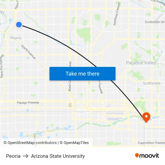 Peoria to Arizona State University map