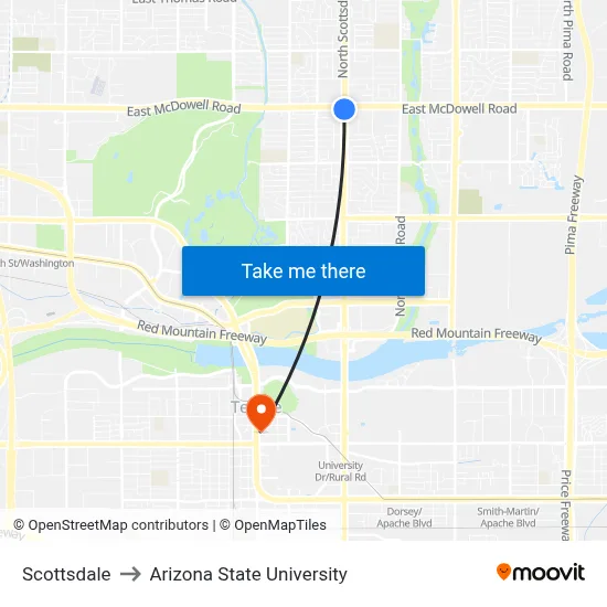 Scottsdale to Arizona State University map