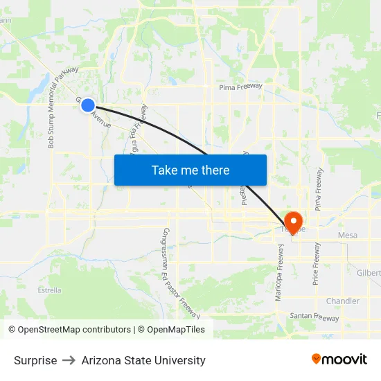 Surprise to Arizona State University map