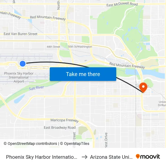 Phoenix Sky Harbor International Airport to Arizona State University map