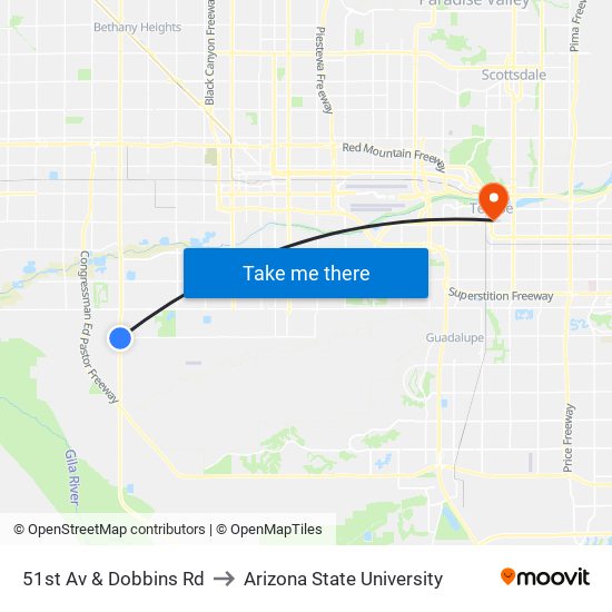 51st Av & Dobbins Rd to Arizona State University map
