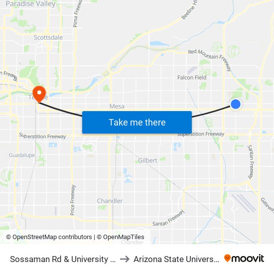 Sossaman Rd & University Dr to Arizona State University map