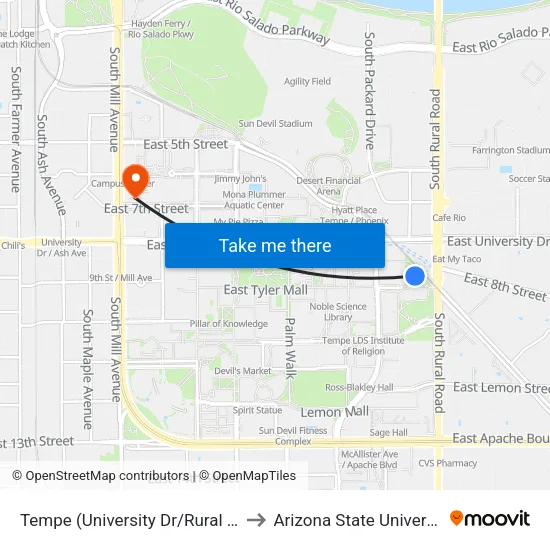 Tempe (University Dr/Rural Rd) to Arizona State University map