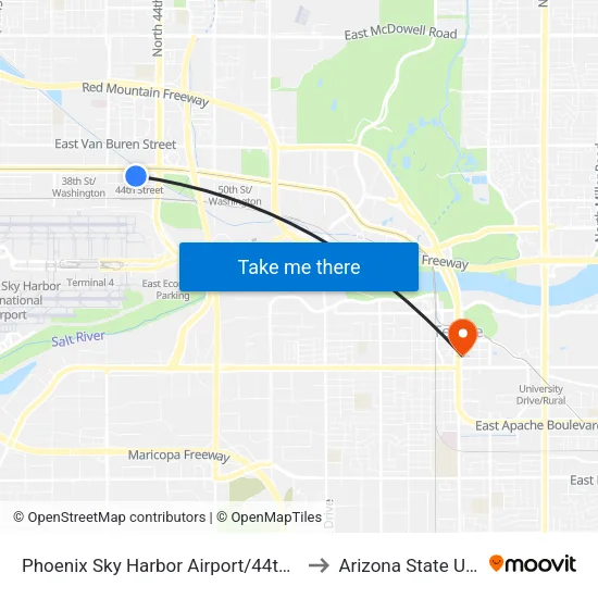 Phoenix Sky Harbor Airport/44th Street Station to Arizona State University map