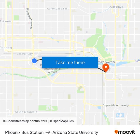 Phoenix Bus Station to Arizona State University map