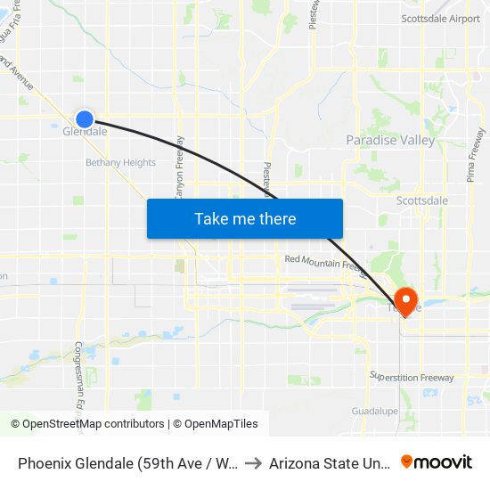 Phoenix Glendale (59th Ave / W. Hayward) to Arizona State University map