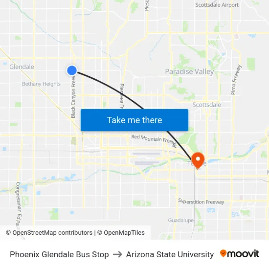 Phoenix Glendale Bus Stop to Arizona State University map