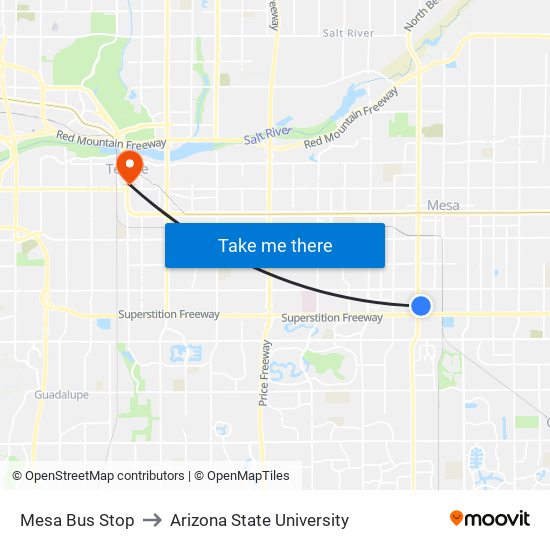 Mesa Bus Stop to Arizona State University map