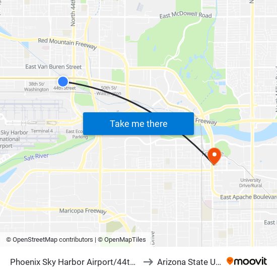 Phoenix Sky Harbor Airport/44th Street Station to Arizona State University map