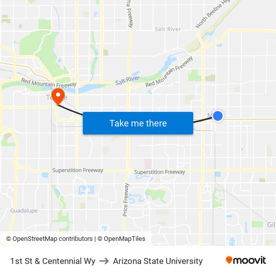 1st St & Centennial Wy to Arizona State University map
