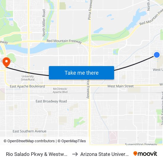 Rio Salado Pkwy & Westwood to Arizona State University map