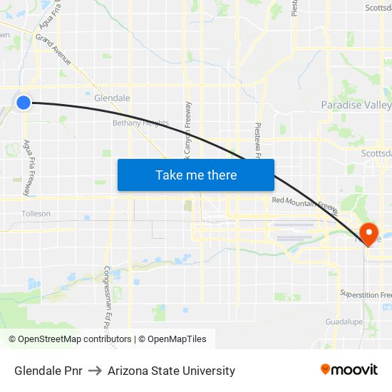 Glendale Pnr to Arizona State University map