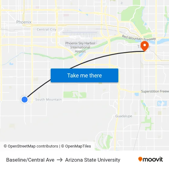 Baseline/Central Ave to Arizona State University map