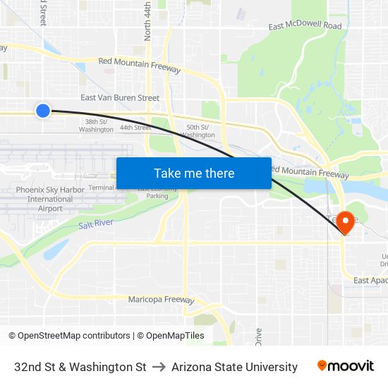 32nd St & Washington St to Arizona State University map