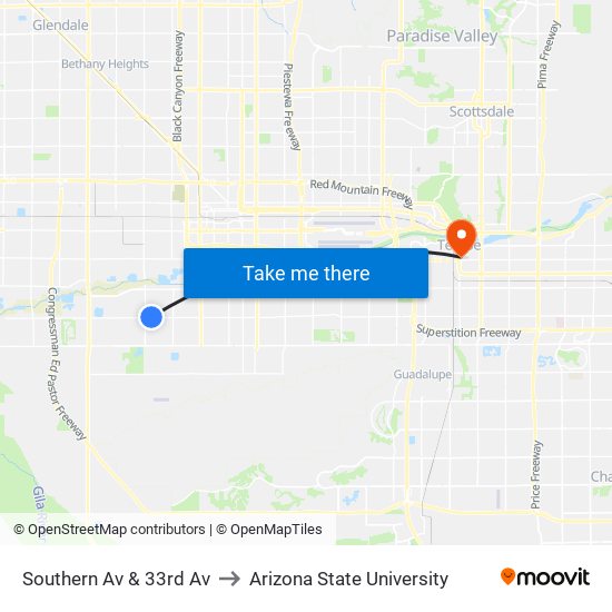 Southern Av & 33rd Av to Arizona State University map