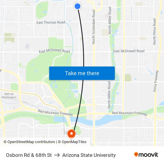 Osborn Rd & 68th St to Arizona State University map