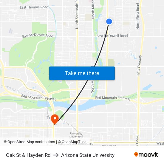 Oak St & Hayden Rd to Arizona State University map